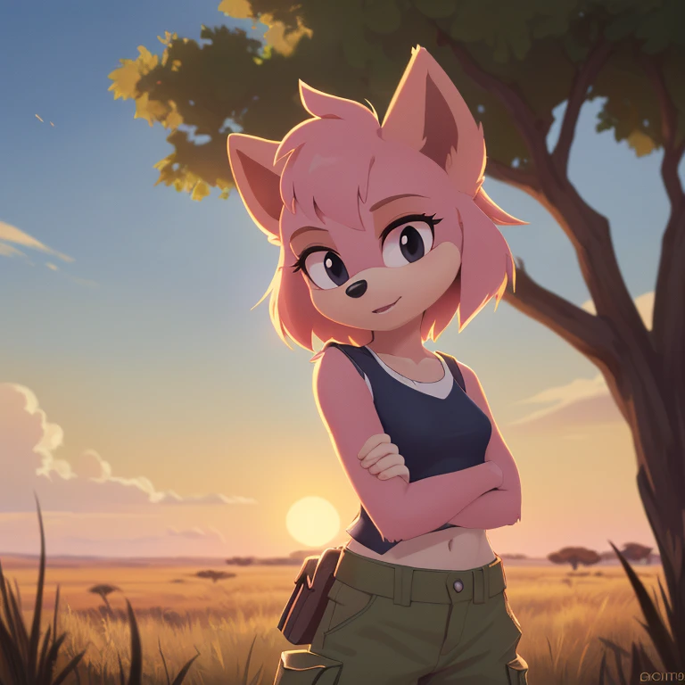 ((Highly detailed)), ((Perfect quality)), ((studio quality)), ((Masterpiece)), ((highres)), ((8k uhd)), ((Good face)), ((Good anatomy)), (((4k))), female hedgehog with light pink fur and tan skin, fluffy bangs, black eyes, small breasts, in the African savanna, golden hour, dim lighting, wearing a dark green cropped vest, and beige cargo pants