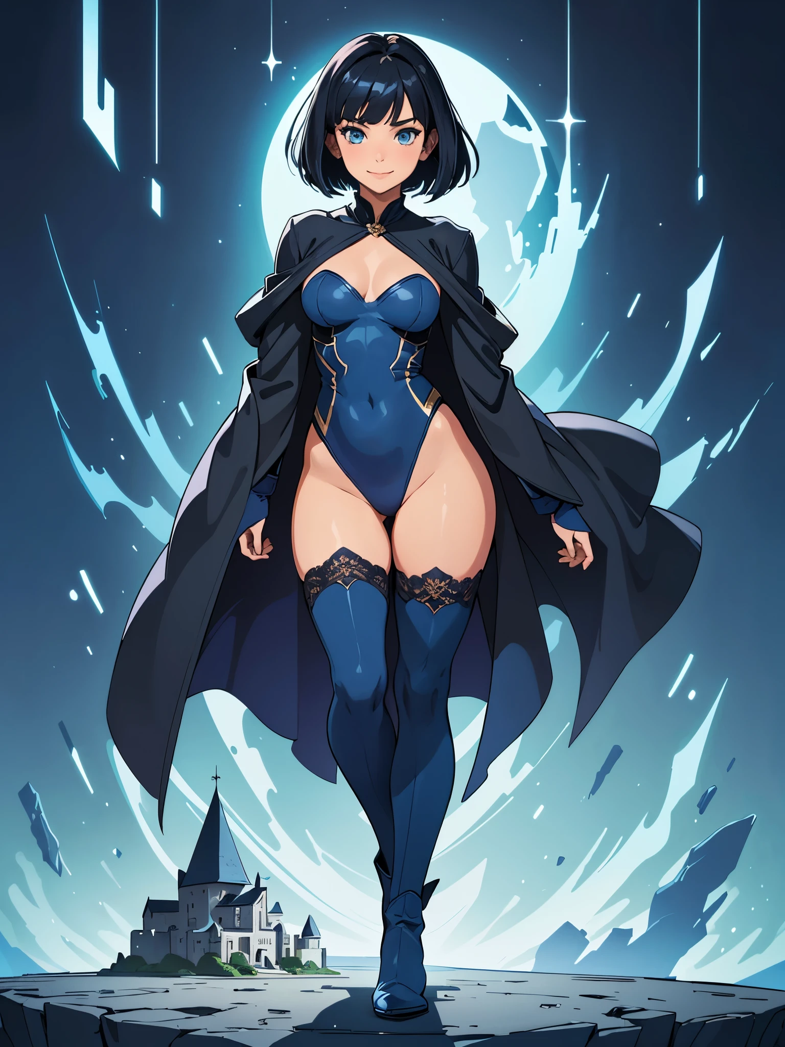 masterpiece, best quality, 1girl, superhero, ((leotard, dark blue leotard)), long sleeves, ((dark blue royal robe)), bare legs, boots, dark blue boots, matching boots, medium breasts, standing, standing straight, sci-fi backdrop, a castle in the background, dark blue hair, ((short hair, bob hair)), blue eyes, beautiful detailed eyes, beautiful detailed face, cute face, perfect hands, complete fingers, perfect anatomy, perfect proportions, regal, smile, closed mouth, full body with costume, full body, cowboy shot