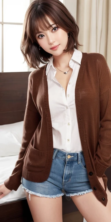 masterpiece、highest quality、High resolution、table top、wallpaper、realistic、bright lighting、professional lighting、face light、smooth lighting、japanese woman、adult、Beautiful woman、action、gravure、sexy、poor、super beautiful、beautiful skin、beautiful and detailed eyes、detailed face、slim、moderately、short hair、brunette colored hair、brown eyes、look at the camera、full body photo、 Cotton shirt、cardigan、cowgirl position, open legs, on bed