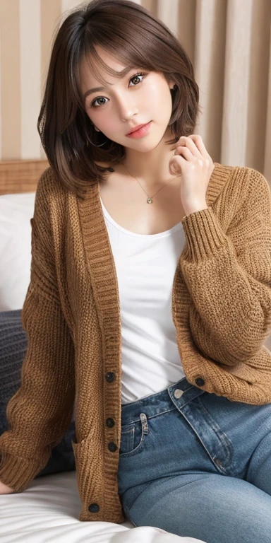 masterpiece、highest quality、High resolution、table top、wallpaper、realistic、bright lighting、professional lighting、face light、smooth lighting、japanese woman、adult、Beautiful woman、action、gravure、sexy、poor、super beautiful、beautiful skin、beautiful and detailed eyes、detailed face、slim、moderately、short hair、brunette colored hair、brown eyes、look at the camera、full body photo、 Cotton shirt、cardigan、cowgirl position, open legs, on bed