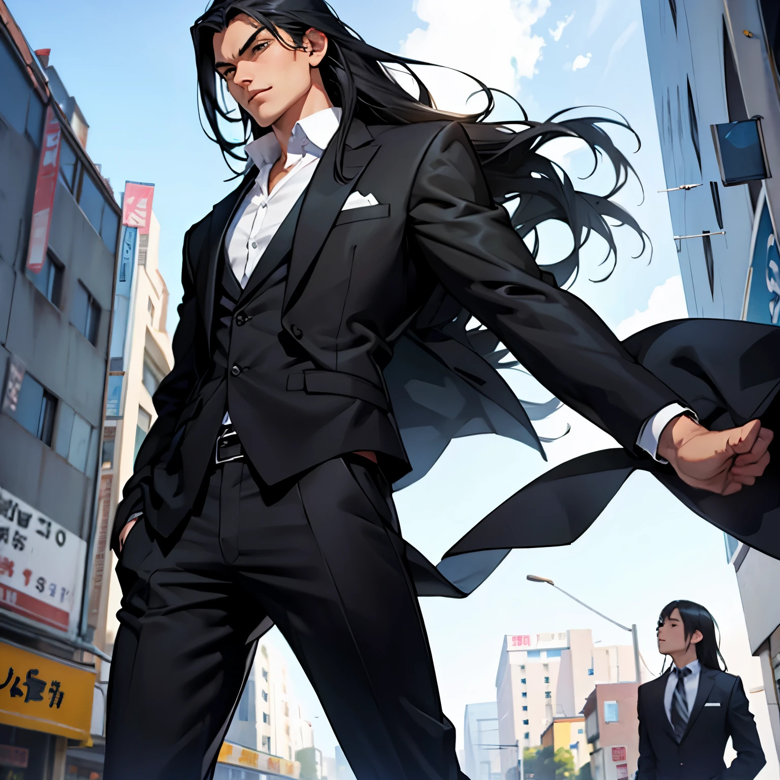 Cool man with long black hair, slim, young, suit, jump