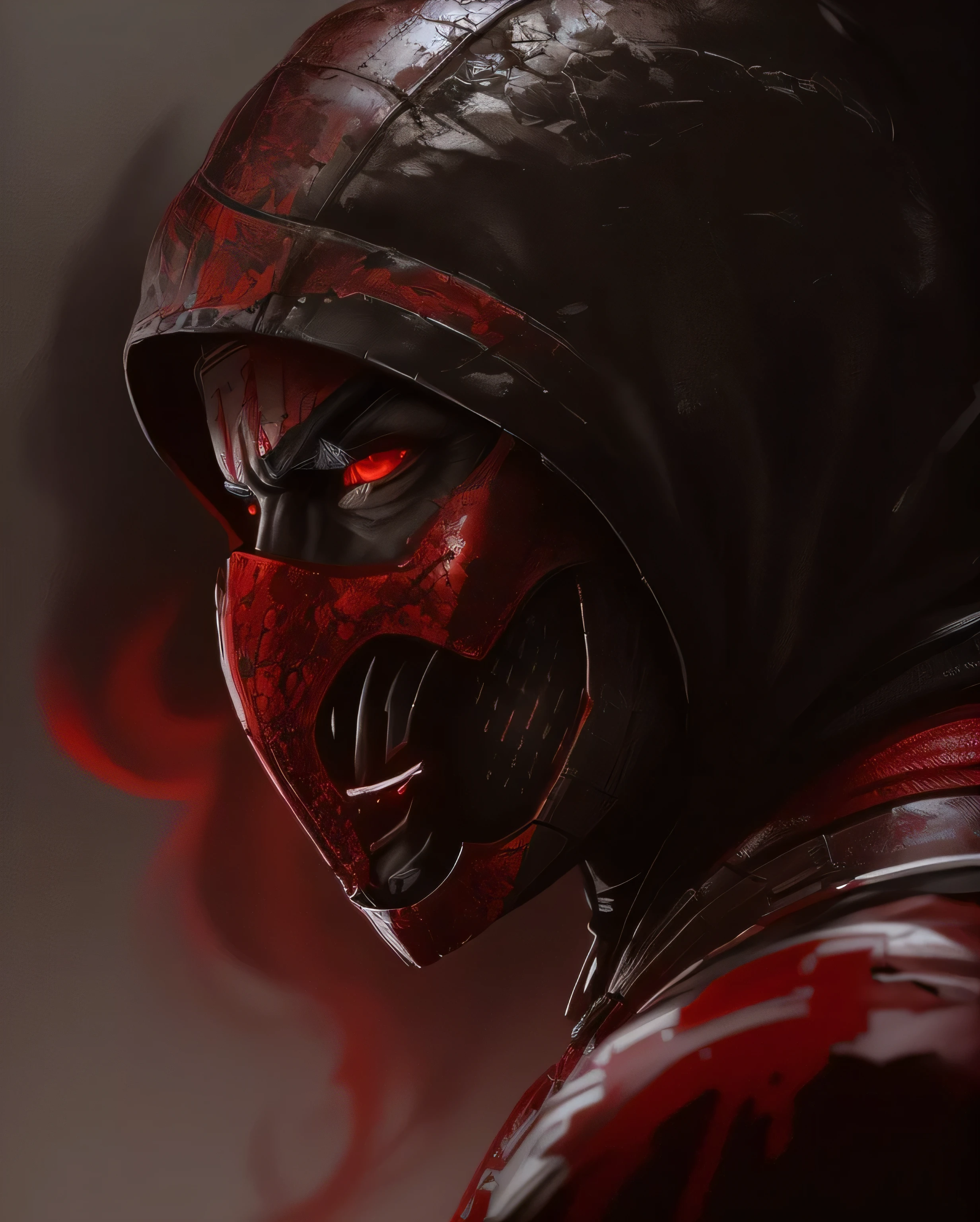 a portrait, scorpion from mortal kombat, detailed snake red eyes, bladk anc white armor, hood, veins on his arm, Intricate, High Detail, Sharp focus, dramatic, photorealistic painting art by greg rutkowski
