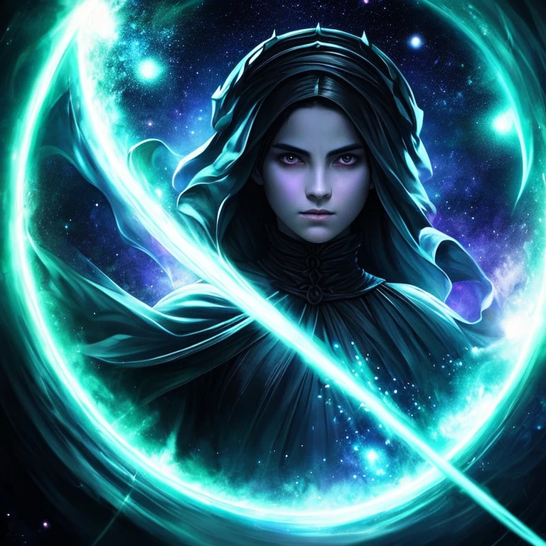 Ethereal Ghostly princess, mournful lady, malevolent, creature of the night, fighting in the battlefield casting a dark spell, dark energy aura, full figure portrait, three quarter wiew, masterpiece, 8k resolution, warp space background, Caravaggio art, digital art