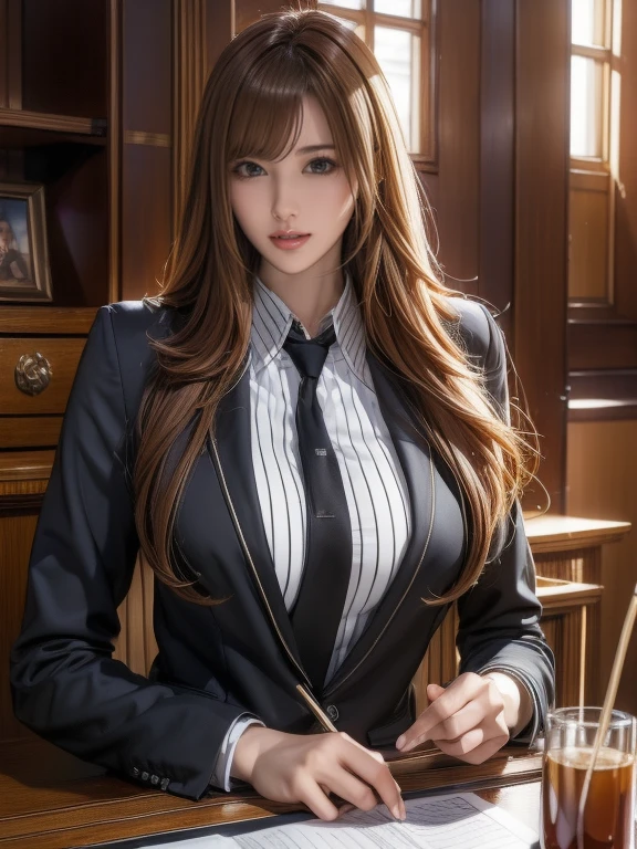 (8ก, 最high quality: 1.2), very detailed, thorough solution, (realistic, realistic photo: 1.37), portrait, High resolution RAW color photograph, arrested on the job, High resolution and beautiful, High resolution, 8ก Image Wallpaper, amazing details, large file size, very detailedbeautiful女の子, very detailed face, (きめ細かく超beautiful瞳:1.8), the nose has the correct shape., expressive lips,(big house, Seaside restaurant background:1.2) , one story, pretty girl, realistic、                                                                                 (movie scene,fantasy art,最high quality,high quality,High resolution,high qualityな質感,high detail,beautiful,Detailed,very detailedCG,Detailedテクスチャー,realistic representation of face,table top,before,dynamic,bold),1 girl,very detailed肌,curve,(covered nipples:0.8),beautiful胸,small breasts,pale skin,pointed chest,erect nipples,(super thin hair),(super soft hair),(Ultra Straight Hair),long flowing bangs,Very light coppery amber hair,hair above one eye,very thin body,Smart abs,(business suit:1.5),