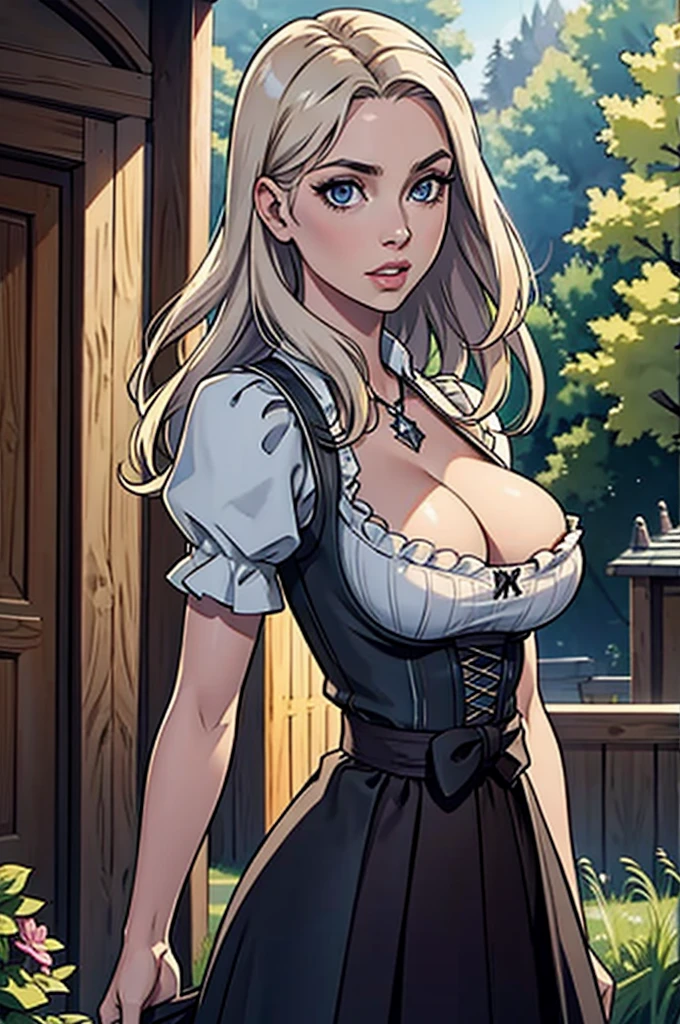 1girl, (Laura Vandervoort:1.2), realistic, photorealistic, graphic novel, impossible clothes, thick lips, full lips, big lips, (surprised:1.2), (shocked:1.2), [blonde hair|silver hair], two-tone hair, shiny hair, sunbeam, god-rays, bursting breasts, ambient light, rim-light, rimlighting, backlighting, realistic, (photorealistic:1.1), (lineart:0.8) irndl, a woman in traditional bavarian dress Standing poses for a picture , german woman, wearing a dirndl,
