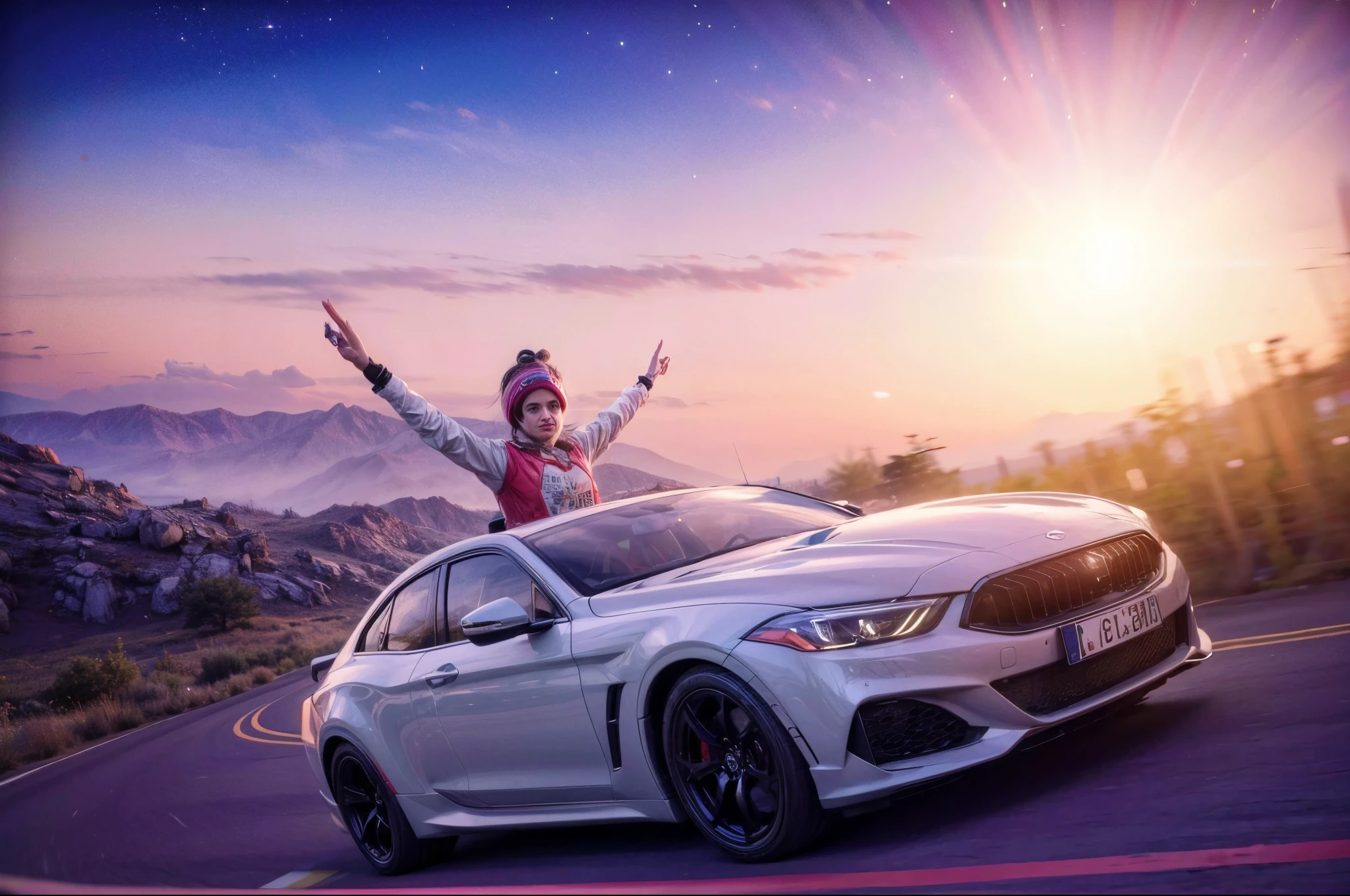 araffe on top of a white car with a man on top, bright light masterpiece, 8k in the style, outrun style, illustration 8 k, 8k scene, inspired by Mike Winkelmann, fantasy style 8k octane render, High quality, detailed texture.