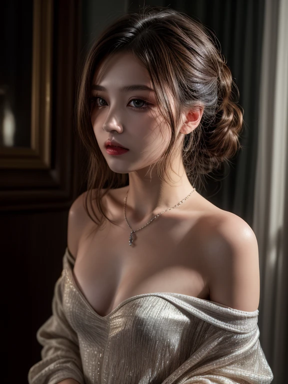 highest quality, masterpiece, ultra high resolution, (realistic:1.5), Raw photo, 1 girl, off shoulder, in the dark, deep shadow, private key, cold light, sexy look, luxurious dress、elegant necklace、((small breasts))、look at the audience、