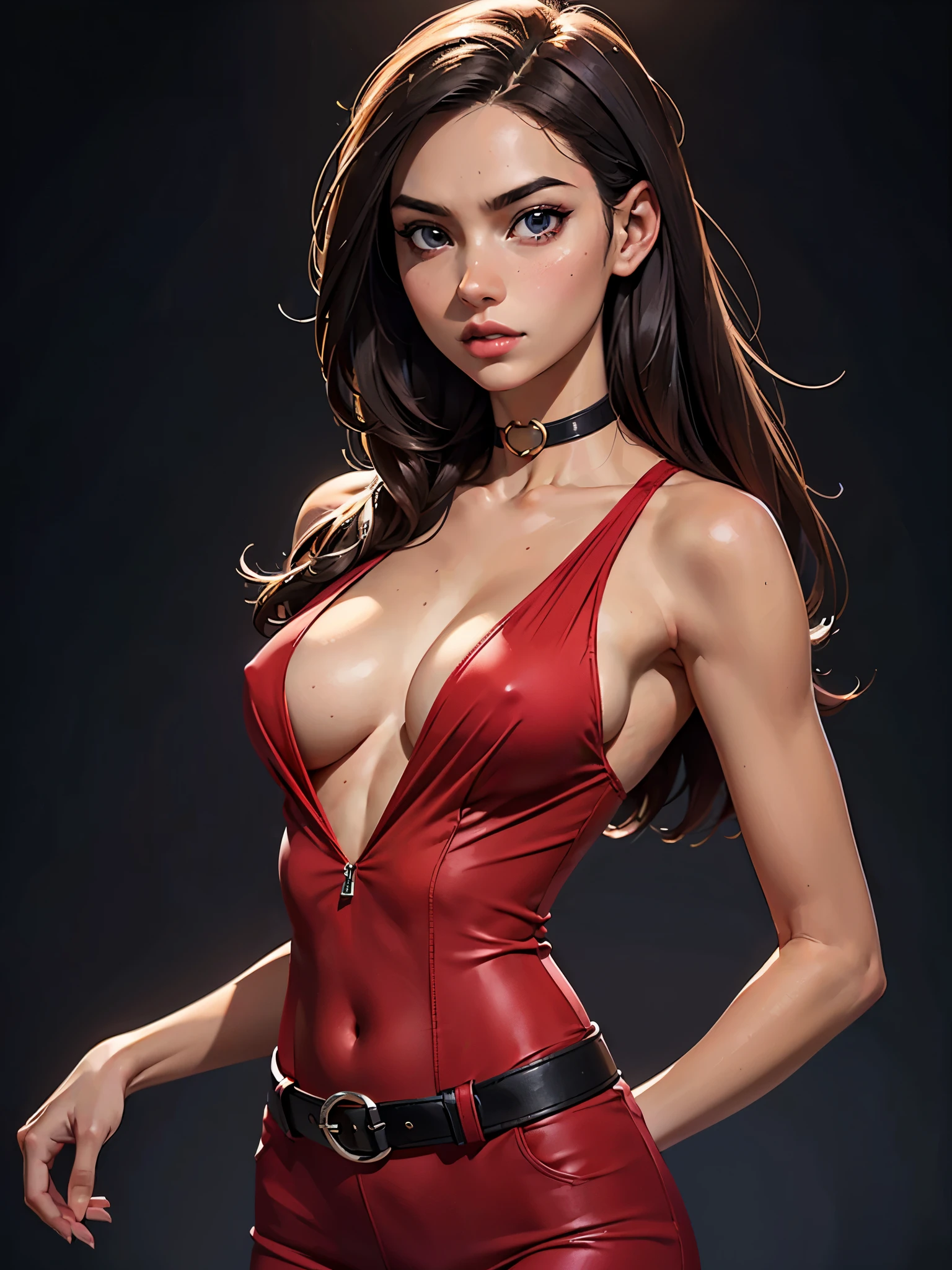 one asian girl, ada wong, solo, abs, slender body, (upper body, bust:1.2), black eyes, black hair, choker, (red clothes, tiny breasts, small breasts, male chest, cleavage, exposed breasts, open breasts, naked breasts:1.5), bare shoulders, belts, shoulder-belts, masterpiece, highly detailed, look at viewer, shiny blured orange background, gradient sprayed background, front view, gradient red purple background, blured background, glowing edges of image
