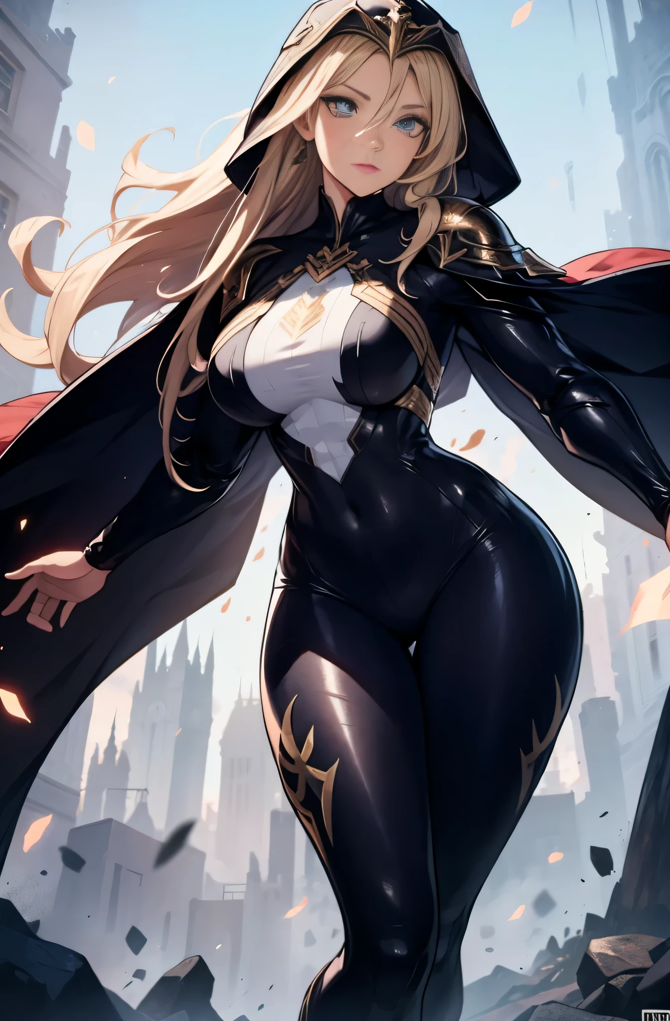 high priestess，Robe，mature woman, female，voluptuous figure，tightsuit，blonde hair, Female, alone, paladin of light, human, light powers, expert fighter, detailed eyes, beautifull face, long hair, defined body, yellow and bright eyes, thick legs, strong legs, tall, Voluptuous legs, black armor, female paladin, huge ass, big hip, big ass, wearing black coat, black and red robes, detailed eyes, big hips, medium armor, tall girl,