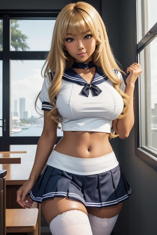 (masterpiece), best quality, expressive eyes, perfect face, (classrom window background), (standing), (smirk), (1girl, kuro gyaru, dark skin Asian, tan skin asian, dark skin, tan skin, tan, blonde hair, blonde hair asian, curly hairstyle with bangs, hair bangs, green eyes, asian eyes, hourglass figure, skinny body, petite_body, short height, large breasts, huge breasts, oppai, thick legs, long fingernails), ((white sailor uniform top), croptop, (navy blue pleated mini skirt), white stockings, black heels),