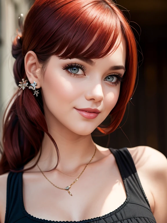 (best quality, masterpiece, ultra-detailed)vintage colors,woman, 32 years-old,vintage pin-up,red hair,bangs,beautiful detailed face, big eyelashes,ponytail,little smile,summer dress,photographic studio scenario