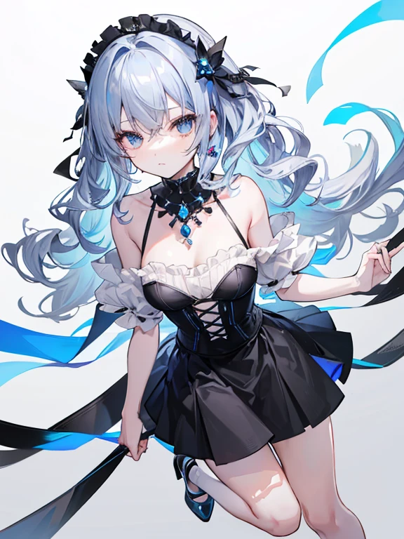 [Black:Blue:0.65] motif，Meisterwerk，A masterpiece of a mature woman，Detailed visual art，Blue eyes，Makeup，Gothic，Silver hair，Elf ears，hair，collarbone，Royal Queen，Elegance，Gorgeous quinceanera dress，Detailed layered skirt，[Detailed frills:0.1], [Frilled dress:0.1], embroidery, [Detail princess dress:0.1], Bare shoulders, Big tits:1.3, Open crotch, Thigh seams, groin, Long boots，[NSFW|uncensored], (Simple background:1.1) , Low wing,full bodies