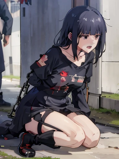 full body, black hair, shoulder length hair, black eyes, small breasts, detailed background, highres, highly detailed face, Detailed eyes, good proportions, pained expression, pained grimace, crying, visible tears, open mouth, bruises, death row inmate, guillotine, bloodstains, blood, iron chains, chained body, handcuffs, messy hair, fallen down, torn outfit, public shaming, humiliation