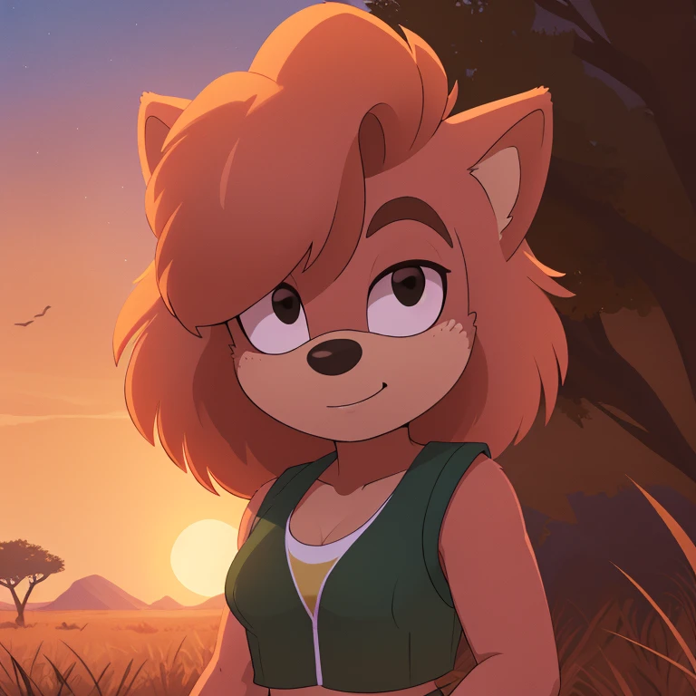 ((Highly detailed)), ((Perfect quality)), ((studio quality)), ((Masterpiece)), ((highres)), ((8k uhd)), ((Good face)), ((Good anatomy)), (((4k))), female hedgehog with light pink fur and tan skin, fluffy bangs, black eyes, small breasts, in the African savanna, golden hour, dim lighting, wearing a dark green cropped vest, and beige cargo pants