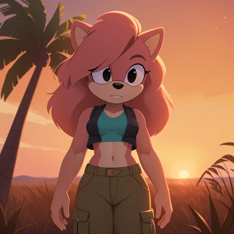 ((Highly detailed)), ((Perfect quality)), ((studio quality)), ((Masterpiece)), ((highres)), ((8k uhd)), ((Good face)), ((Good anatomy)), (((4k))), female hedgehog with light pink fur and tan skin, fluffy bangs, black eyes, small breasts, in the African savanna, golden hour, dim lighting, wearing a dark green cropped vest, and beige cargo pants