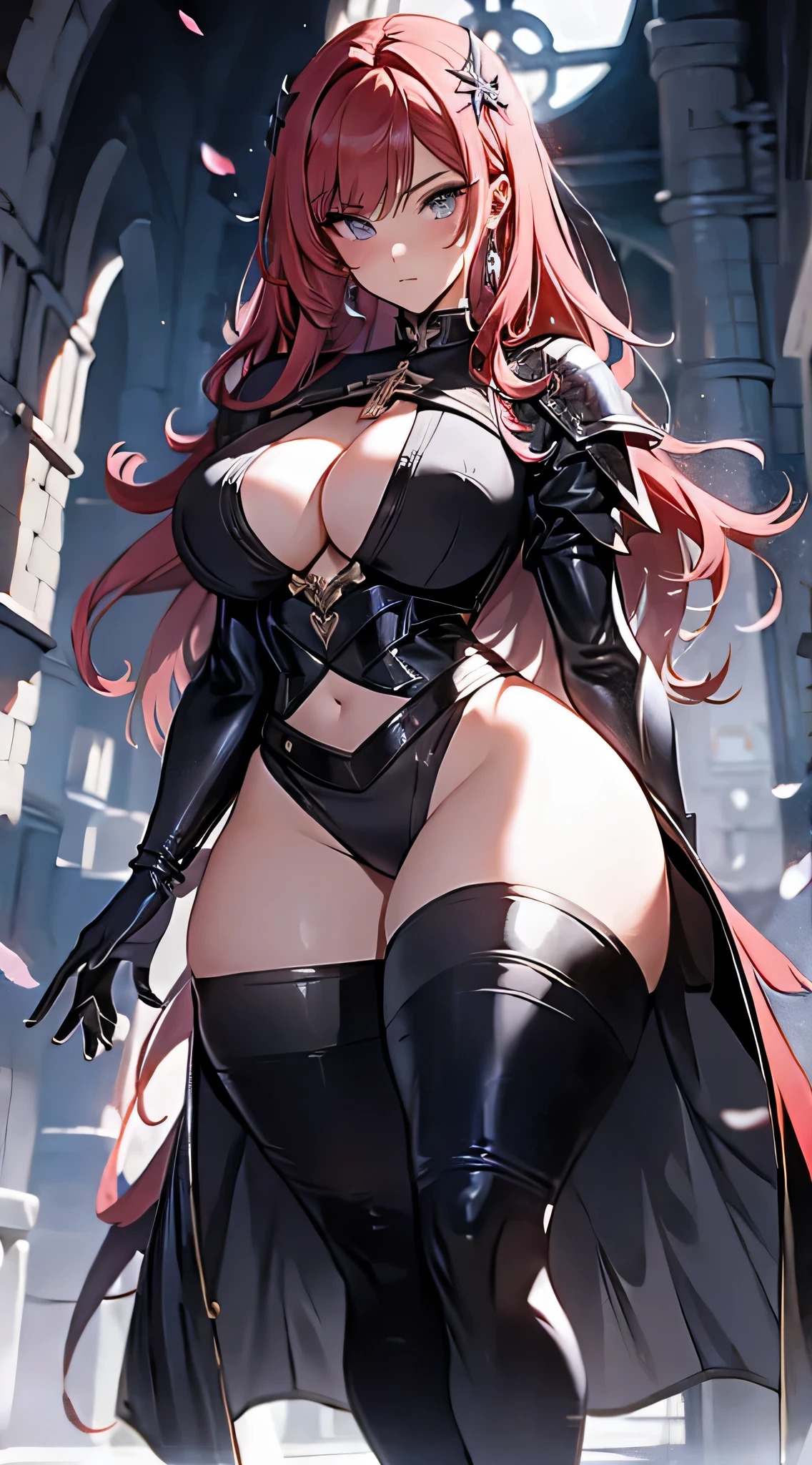Female, alone, paladin of light, human, light powers, expert fighter, red hair, detailed eyes, beautifull face, long hair, defined body, yellow and bright eyes, thick legs, strong legs, tall, Voluptuous legs, black armor, palading black armor, huge ass, big hip, big ass, wearing black coat, black and red robes, detailed eyes, big hips, thick body type
