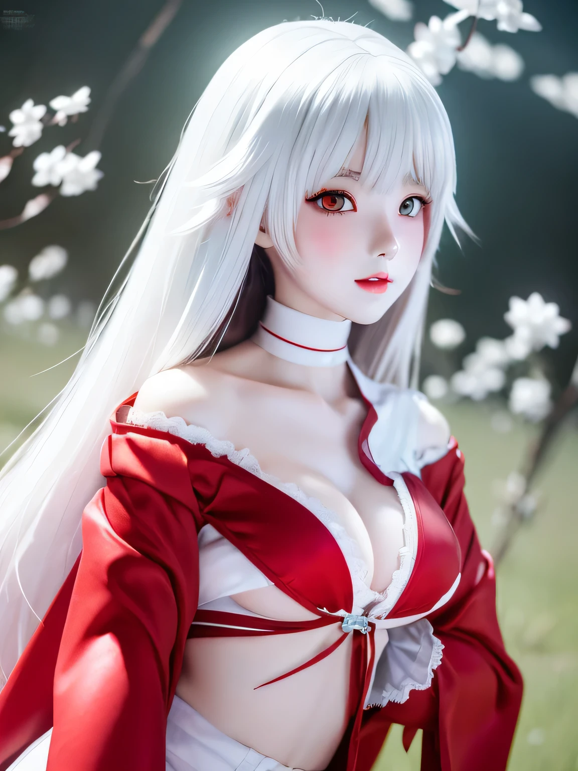 at ,Milky white long hair,red eyes,Very large breasts,((3D anime style)),revealing clothes,