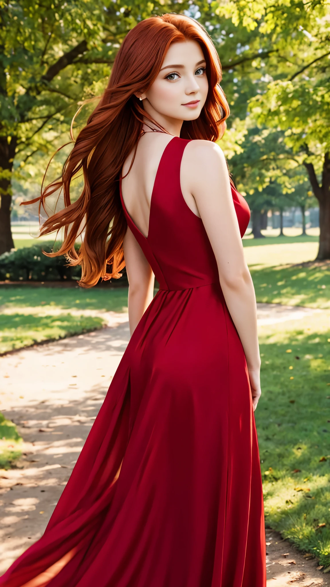 Beautiful redhead girl with brown eyes and long hair wearing elegant red dress on a professional photo shoot in a park sunny and clear day