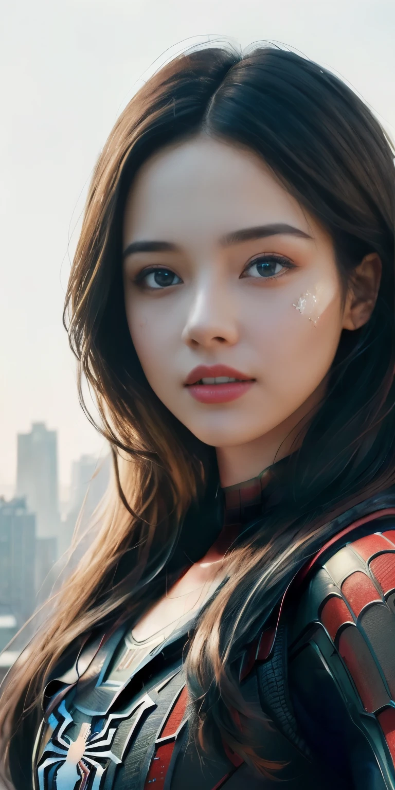 (1girl:1.3), Solo, (((Very detailed face)))), ((Very detailed eyes and face)))), Beautiful detail eyes, Body parts__, Official art, Unified 8k wallpaper, Super detailed, beautiful and beautiful, beautiful, masterpiece, best quality, original, masterpiece, super fine photo, best quality, super high resolution, realistic realism, sunlight, full body portrait, amazing beauty, dynamic pose, delicate face, vibrant eyes, (from the front), She wears Spider-Man suit, red and black color scheme, spider, very detailed city roof background, rooftop, overlooking the city, detailed face, detailed complex busy background, messy, gorgeous, milky white, highly detailed skin, realistic skin details, visible pores, clear focus, volumetric fog, 8k uhd, DSLR, high quality, film grain, fair skin, photo realism, lomography, futuristic dystopian megalopolis, translucent