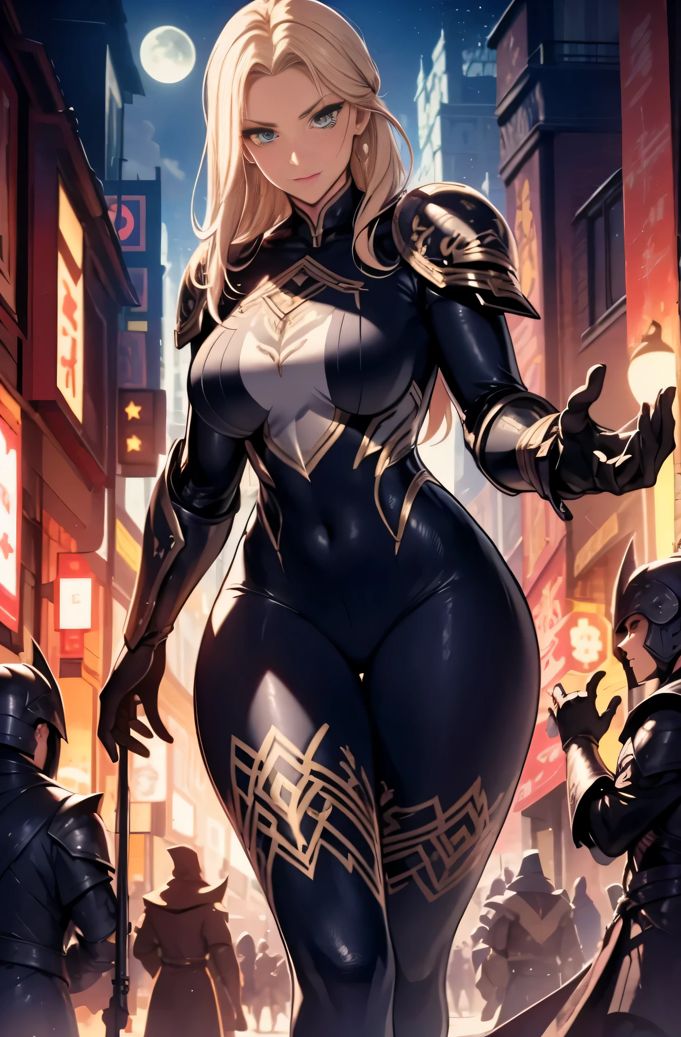 high priestess，Robe，mature woman, female，voluptuous figure，tightsuit，blonde hair, Female, alone, paladin of light, human, light powers, expert fighter, detailed eyes, beautifull face, long hair, defined body, yellow and bright eyes, thick legs, strong legs, tall, Voluptuous legs, black armor, female paladin, huge ass, big hip, big ass, wearing black coat, black and red robes, detailed eyes, big hips, medium armor, tall girl,