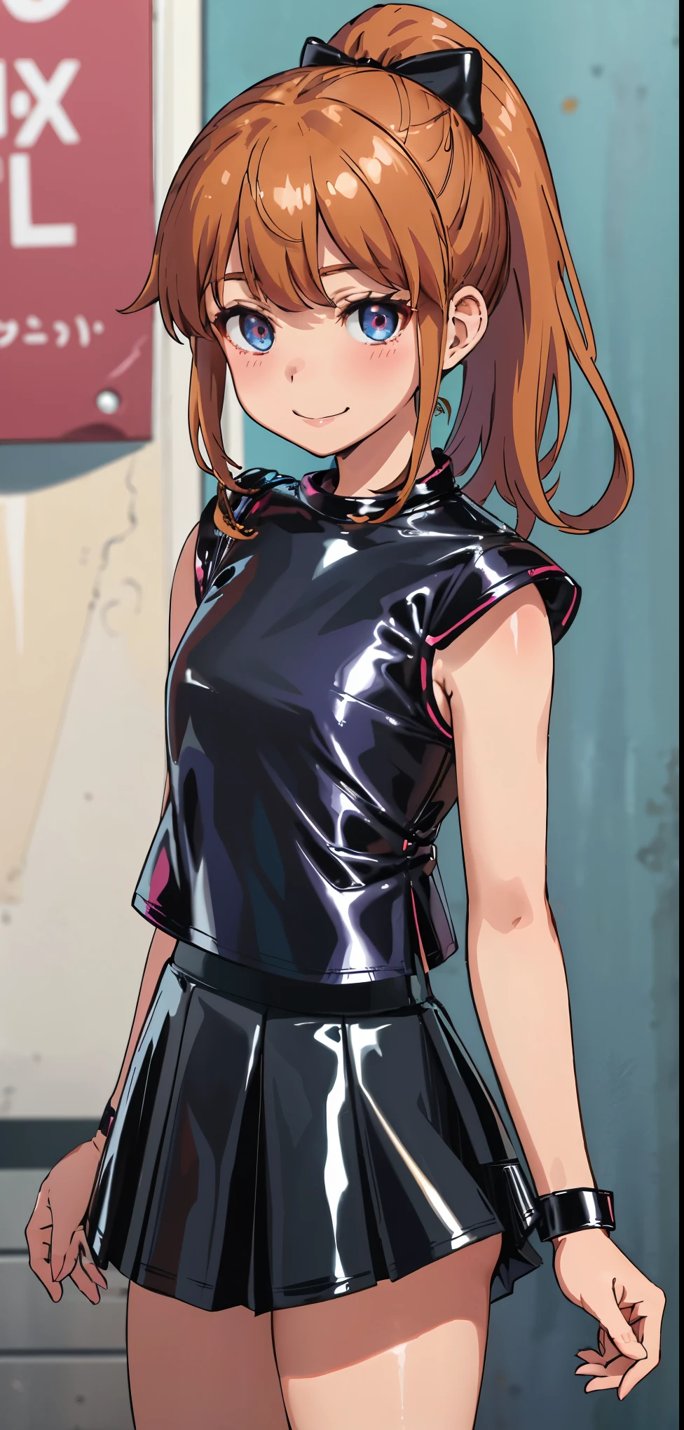 best quality, (masterpiece:1.2), highly detailed, standing, street,
1girl, solo, akatsuki minami,
looking at the viewer, closed mouth, smile, slight blush,
blue eyes, brown hair, ponytail, hair bow, sleeveless, (((dominant girl, latex skirt, latex shirt )))