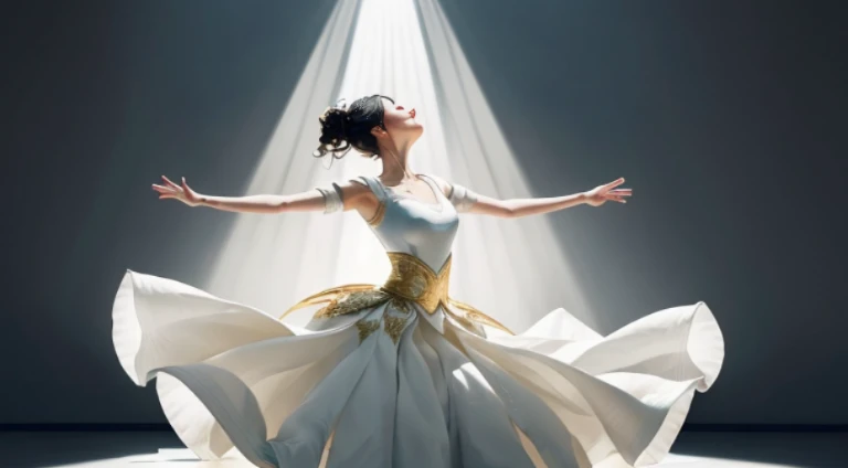 This photo captures a moment of pure elegance. theme, a young woman, is dancing, Her body assumes dynamic poses,Suggests movement and energy. She is wearing a white skirt, Gold accents add a touch of sophistication. skirt, Paired with flowing skirt, Proving the fluidity of her dance.
She raised her arms, Reflecting the upward movement of her dance, her eyes closed, Indicates a moment of intense concentration or pure joy. Sunlight shines in from the side,Cast a warm light on her, Highlight her features and add depth to the image.
The background contrasts sharply with the subject, its dark and pastel colors, Focus on the audience'Attention to woman and her dance. The overall composition of the image, Careful balance of light and shadow, Color and contrast, Create a visually striking scene,Capturing the Essence of Elegance and Beauty in Movement.