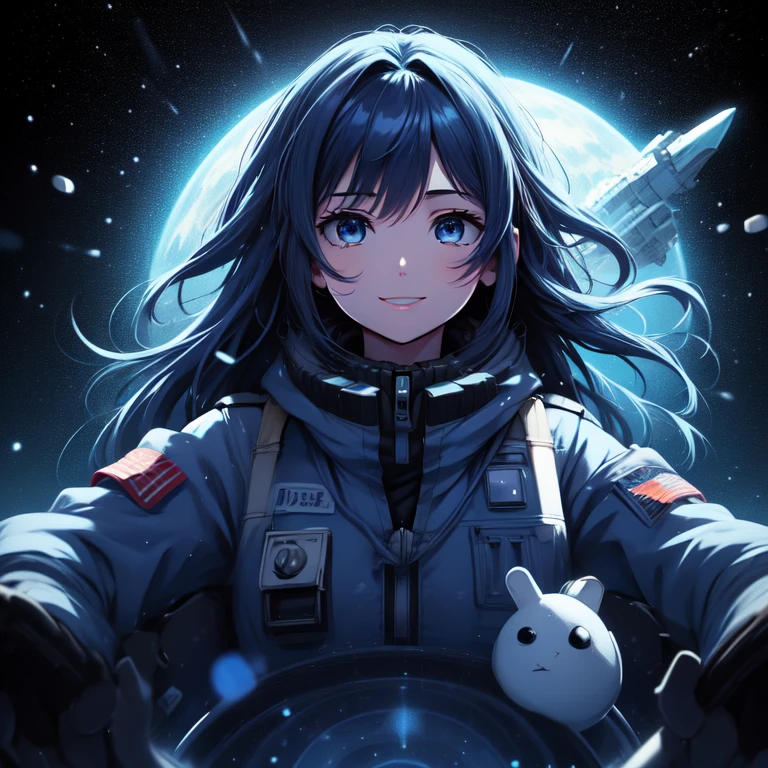 1 girl,Eyes are constellations,blue hair,Spacesuit,long hair,Upper body,smile，robot，cockpit