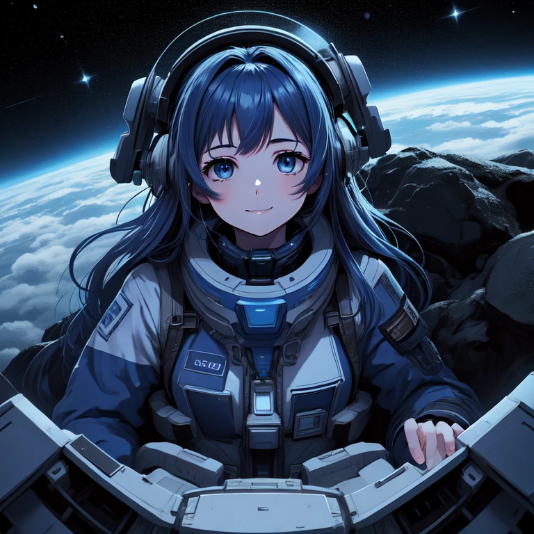 1 girl,Eyes are constellations,blue hair,Spacesuit,long hair,Upper body,smile，robot，cockpit