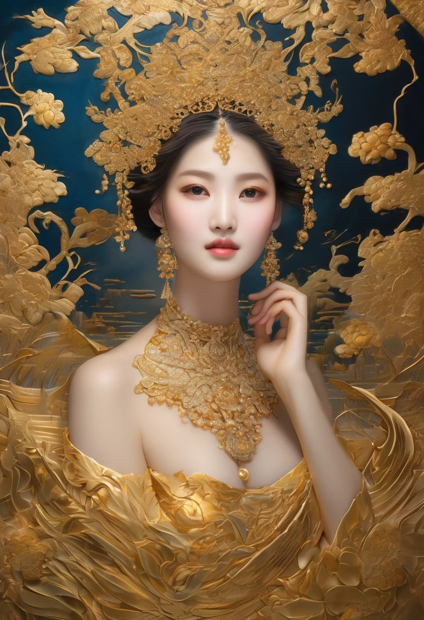 1girl, Gold Leaf Art, goldcarvingcd_xl, jinsixiangyun, traditional, golden, Gold Foil Art, gold leaf,gilded details,shimmering surface,meticulous craftsmanship,rich texture,ornate patterns,hand-applied gold leaf,golden accents,delicate brushwork,reflective surfaces,luxurious finish,breathtaking beauty,meticulous detailing,elegant composition,fine art masterpiece,visual opulence,vibrant colors,glowing golden hue,dramatic contrast,subtle shine,golden radiance,exquisite craftsmanship,gleaming surfaces,richly layered,illumination quality,baroque influences,refined elegance,luminous highlights,rich and regal,unparalleled luxury,artistic magnificence,timeless beauty,self-reflective surfaces,polished luminosity,lustrous appearance,dazzling brilliance,opulent aesthetic,opulent opulence,limitless beauty,decorative embellishments,unmatched elegance,celestial luminosity,heavenly glow,fine brushstrokes,delicate intricacy,detailed precision,exquisite artistry,dazzling exuberance,unparalleled grandeur,luxurious embellishments,illuminating radiance,dynamic texturing