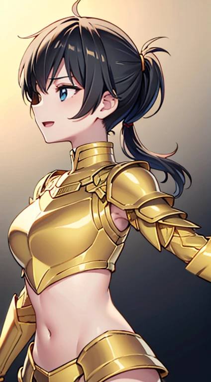 (1 girl,alone) ,fantasy, High resolution, 19 Private, original, (waist sheath:1.3), smile with open mouth, , short hair, medium breasts, view viewer, bangs ,Hazel eye detail, , put your hand on your chest,(black hair,short ponytail hair:1.5), ,short hair, Are standing,straight, Couple,(Full body Esbian:1.1), white thighs,(Couple:1.4),Close-up portrait of a woman in gold armor, Girl in Armor, ビキニアーマーのfemale knight, gold bikini armor,gold bikini armor, Gorgeous Female Paladin, female knight, 美しいfemale knightの, beautiful armor, Slender、gold bikini armor, exposure of the abdomen, Glamorous gold bikini armor, stunning armor, The beautiful knight smiled,vertical navel、skin luster、Esbians with rough skin,Futomo,silver armored boots,Don