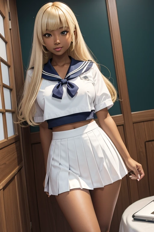 (masterpiece), best quality, expressive eyes, perfect face, (classrom window background), (standing), (smirk), (1girl, kuro gyaru, dark skin Asian, tan skin asian, dark skin, tan skin, tan, bleach blonde hair, bleach blonde hair asian, curly hairstyle with bangs, hair bangs, green eyes, asian eyes, hourglass figure, skinny body, petite_body, short height, large breasts, huge breasts, oppai, thick legs, long fingernails), ((white sailor uniform top), croptop, (navy blue pleated mini skirt), white stockings, black heels),