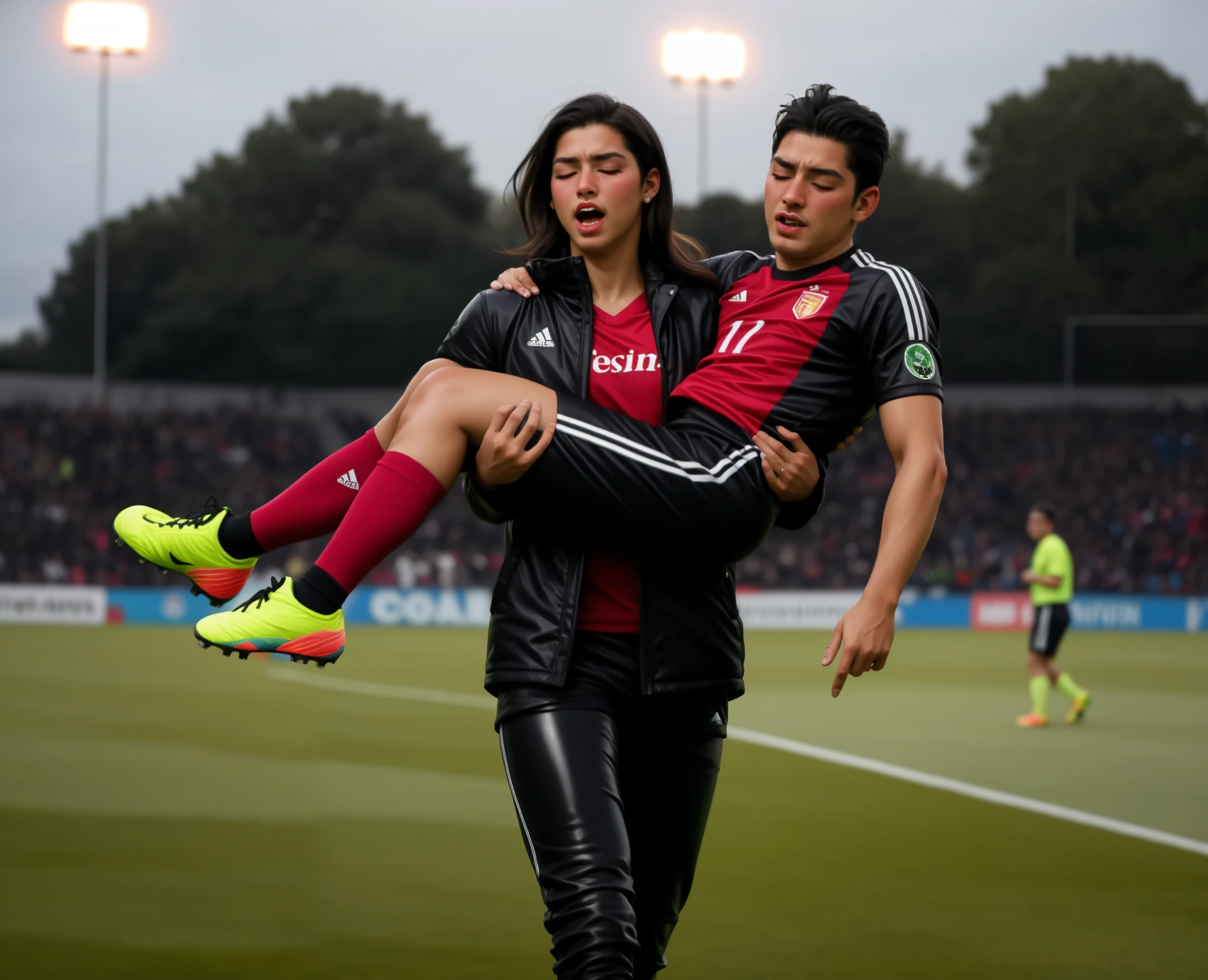a screaming girl in a laquered and very shiny quilted coat carries a man, a woman carries a man, a woman carries a male soccer player in her arms, rainy weather, rainfall, humid, girl carries guy, lift and carry, an excessively madeup latino-girl in a high-shine wet black latex downcoat, a soccer scene, very matte cotton soccer sportswear on a well shaped male body, a soccer injury, first aid carry at a soccer match, a young madeup latino-girl in a shiny black vinyl downjacket, a madeup latino-girl in a shiny plastic-downcoat, a very sad and desperately crying latino-girl, an intensely madeup latino-girl in a glossy black vinyl-downcoat, latino-girl with lipstick, latino-girl with smoky eyes, dramatic action pose, woman that is carrying a skinny shorthaired man, there is a beautiful woman in a shiny coat who is carrying a shorthaired blond man in her arms, a longhaired beautiful woman in a high-shine black puffy coat, a longhaired woman in a shiny downcoat, a woman is carrying a shorthaired man who is wearing black shorts, a weak shorthaired man in black shorts is consciousless and needs to be carried, a shorthaired man with closed eyes is carried in the arms of a longhaired latino-woman, a latino-woman looks very scared and terrified, a consciousless shorthaired man with closed eyes is suffering very much and has a very painful face, photo, photo shoot, photographed, arafed man being carried by a woman, very realistic, very very realistic, hyper-realistic, hyper - realistic, hyper realistic, jacket over bare torso, very disturbing, very hyperrealistic, super realistic, hyperrealistic!, extremely realistic, very very very realistic, super-realistic realistic, super-realistictic!, extremely realistic, very very very realistic, super-realistic realistic, super-realistic
