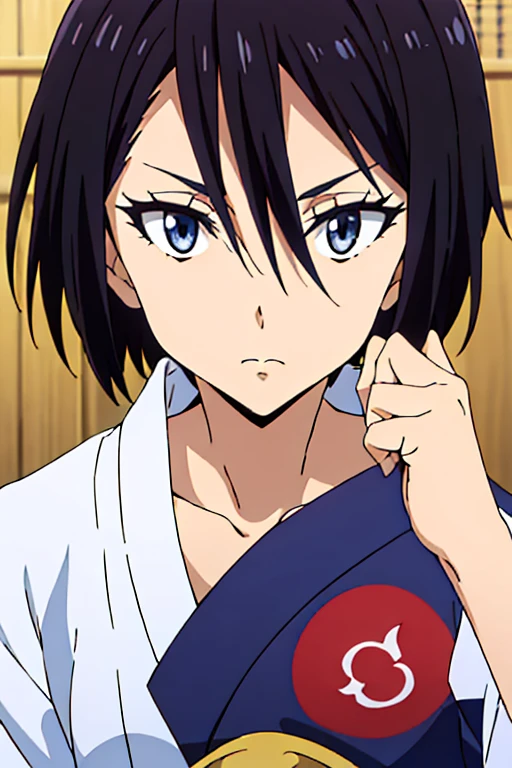 (anime cels style, best quality, high resolution, anime colored, megami magazine:1.2, sharp, 8k), (beautiful eyes:1.5), sakaguchihinata\(ttigraas\), 1girl, cute, black hair, short hair, large breast, cleavage, (japanese clothes, yukata:1.5), cowboy shot, seiza, (perfect detailed anatomy, perfect arms, perfect fingers, beautiful face, perfect body, shiny skin), 