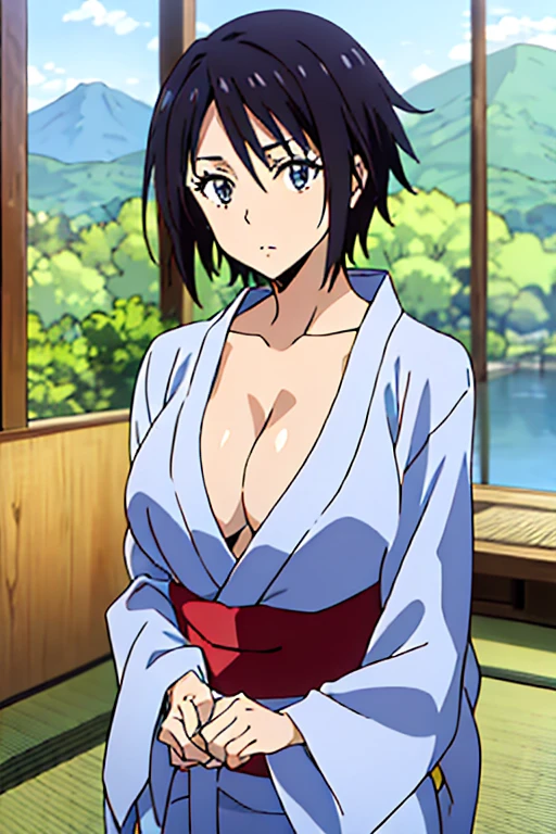 (anime cels style, best quality, high resolution, anime colored, megami magazine:1.2, sharp, 8k), (beautiful eyes:1.5), sakaguchihinata\(ttigraas\), 1girl, cute, black hair, short hair, large breast, cleavage, (japanese clothes, yukata:1.5), cowboy shot, seiza, (perfect detailed anatomy, perfect arms, perfect fingers, beautiful face, perfect body, shiny skin), 