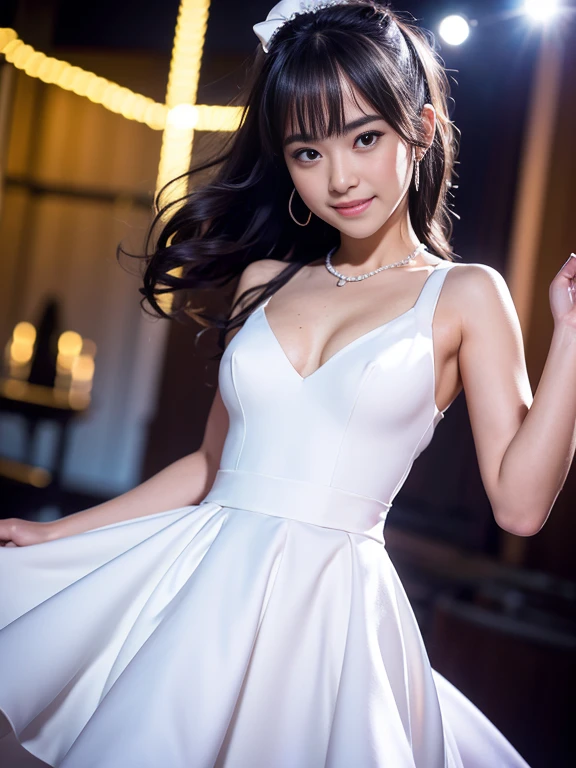 (8k, RAW photos, best quality, High resolution: 1.1), (surreal: 1.4), (realistic, realistic: 1.3), soft light, girl, realistic face, realistic body, realistic skin, absurd, masterpiece, (cute: 1.8), cute, solo, (: 1.2), detailed black eyes, innocent eyes, blush, (white wedding dress: 1.2), (dress conservatively), exposed shoulders, lace trim, garland, jewel crown, movie lights, film grain, jewelry, earrings, ((medium hair: 1.1)), (floating hair nova frog style)), cherry lips, headband, hair bow, ponytail, viewer, long hair , open lips, upper teeth, (smiling eyes: 0.6), (grinning: 1.2), depth of field, blurred background, eye focus, bokeh, young, 85mm lens, f/1.4, professional lighting, young, photon mapping, radiosity, physically based rendering, braless, small breasts