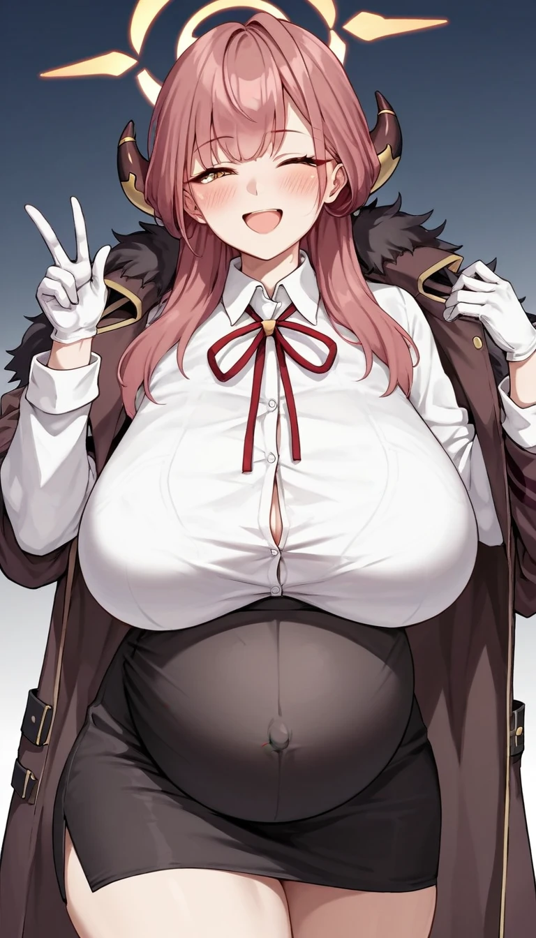 Score_9, score_8_up, score_7_up, score_6_up, score_5_up, score_4_up, source_anime, solo, 1girl, mature female, huge breasts, wide hips, thick thighs, cowboy shot, BREAK aru_\(blue_archive\), horns, white_shirt, halo, black_skirt, white_gloves, neck_ribbon, red_ribbon, collared_shirt, white shirt, long_sleeves, fur-trimmed_jacket, high-waist_skirt, pencil_skirt, brown_coat, brown_jacket,  jacket_on_shoulders, pregnant, sagging breasts, plump, happy, smile, excited, blush, v, 