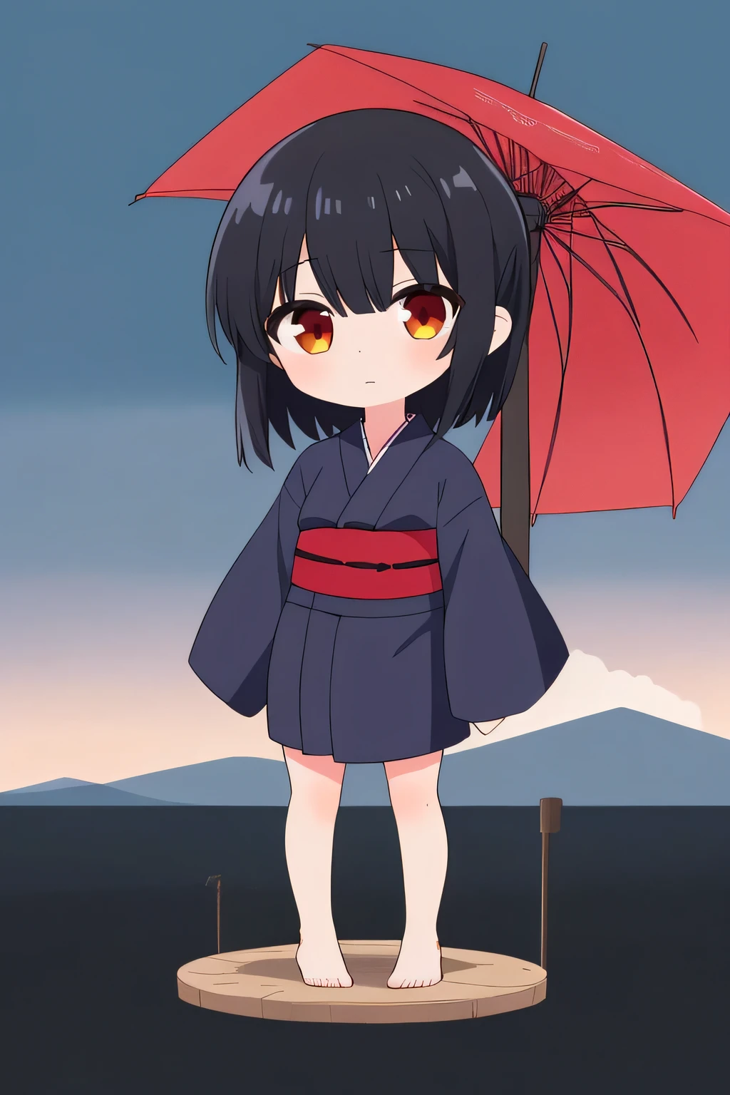 1 girl,green backguround,chibi,full body,standing,high resolution,Landscape,Lower your hands,Empty-handed,sideways,standing,Stand upright, low two hands,black hair,Zashikiwarashi,bobbed hair,Zashiki Doji,red yukata,red wahuku,