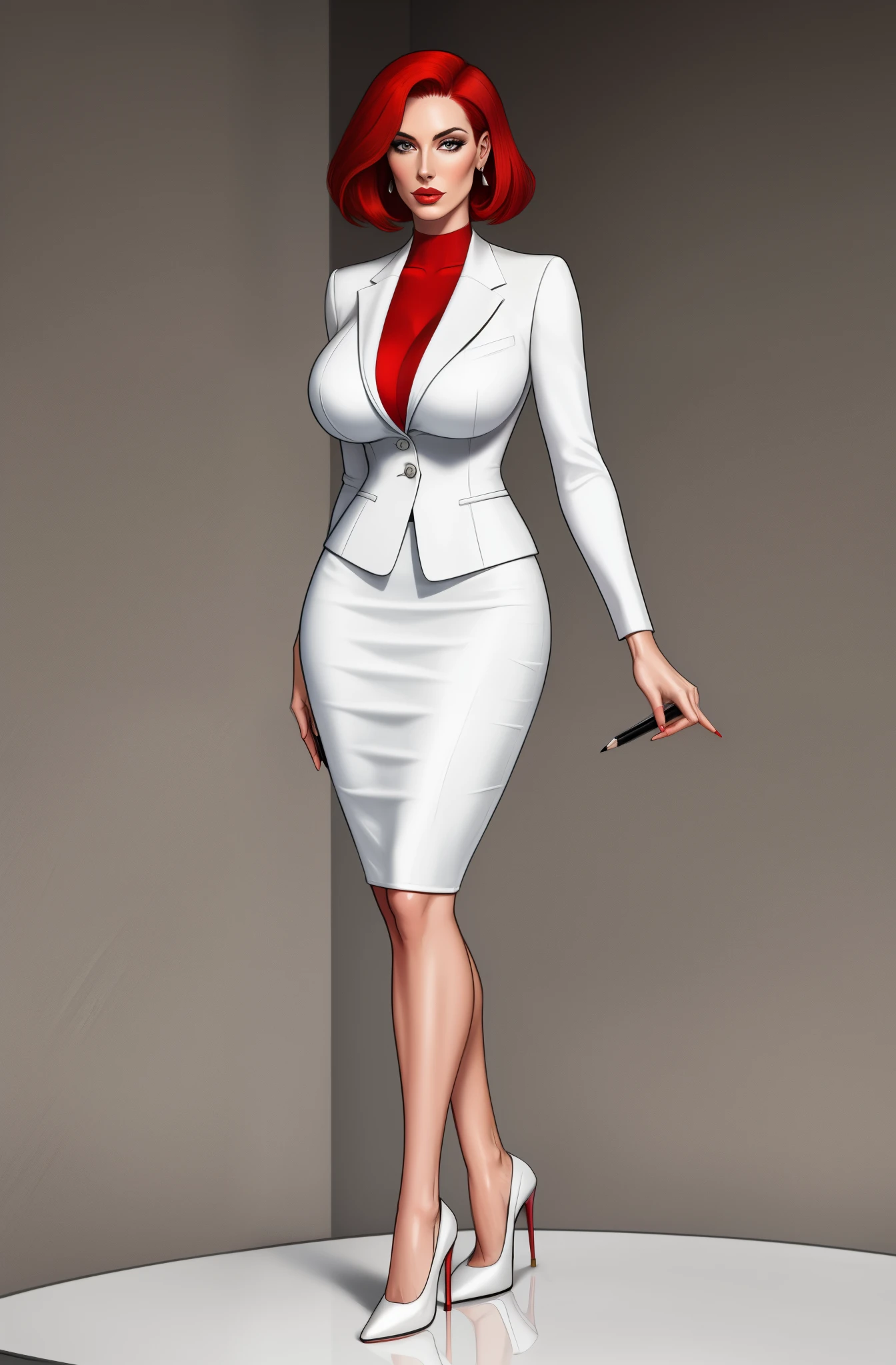 Carolyn Dunn, red hair, bobcut, white suit, pencil skirt, high heels