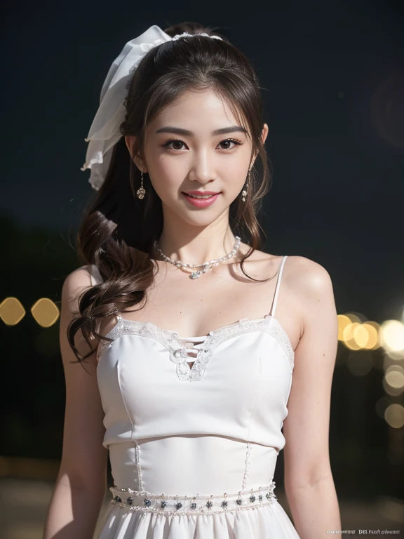 (8k, RAW photos, best quality, High resolution: 1.1), (surreal: 1.4), (realistic, realistic: 1.3), soft light, girl, realistic face, realistic body, realistic skin, absurd, masterpiece, (cute: 1.8), cute, solo, (: 1.2), detailed black eyes, innocent eyes, blush, (white wedding dress: 1.2), (dress conservatively), exposed shoulders, lace trim, garland, jewel crown, movie lights, film grain, jewelry, earrings, ((medium hair: 1.1)), (floating hair nova frog style)), cherry lips, headband, hair bow, ponytail, viewer, long hair , open lips, upper teeth, (smiling eyes: 0.6), (grinning: 1.2), depth of field, blurred background, eye focus, bokeh, young, 85mm lens, f/1.4, professional lighting, young, photon mapping, radiosity, physically based rendering, braless, small breasts