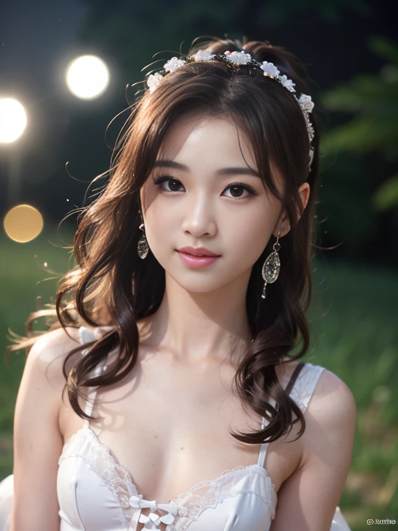 (8k, RAW photos, best quality, High resolution: 1.1), (surreal: 1.4), (realistic, realistic: 1.3), soft light, girl, realistic face, realistic body, realistic skin, absurd, masterpiece, (cute: 1.8), cute, solo, (: 1.2), detailed black eyes, innocent eyes, blush, (white wedding dress: 1.2), (dress conservatively), exposed shoulders, lace trim, garland, jewel crown, movie lights, film grain, jewelry, earrings, ((medium hair: 1.1)), (floating hair nova frog style)), cherry lips, headband, hair bow, ponytail, viewer, long hair , open lips, upper teeth, (smiling eyes: 0.6), (grinning: 1.2), depth of field, blurred background, eye focus, bokeh, young, 85mm lens, f/1.4, professional lighting, young, photon mapping, radiosity, physically based rendering, braless,  small breasts