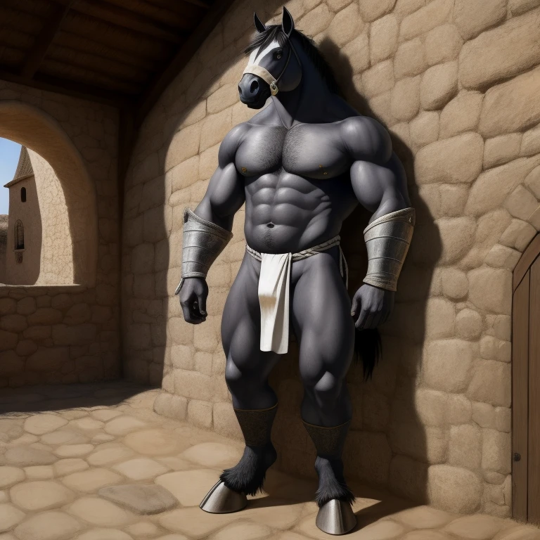 Furry, Antro, [Horse color dark Silver metal] , [Fundoshi bulto Big], [Fundoshi White], Solo, [Bulto Male Big], Hooves , Detallado, cuerpo completo, cuerpo furry silver dark, pueblo Medieval, pupil Eyes, Alta resolucion, Ropa Medieval, Espada