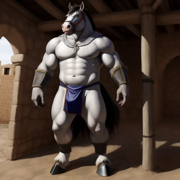 Furry, Antro, [Horse color dark Silver metal] , [Fundoshi bulto Big], [Fundoshi White], Solo, [Bulto Male Big], Hooves , Detallado, cuerpo completo, cuerpo furry silver dark, pueblo Medieval, pupil Eyes, Alta resolucion, Ropa Medieval, Espada