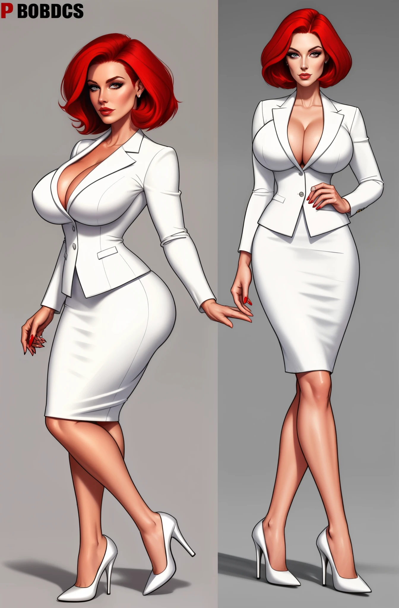 Carolyn Dunn, red hair, bobcut, white suit, pencil skirt, high heels
