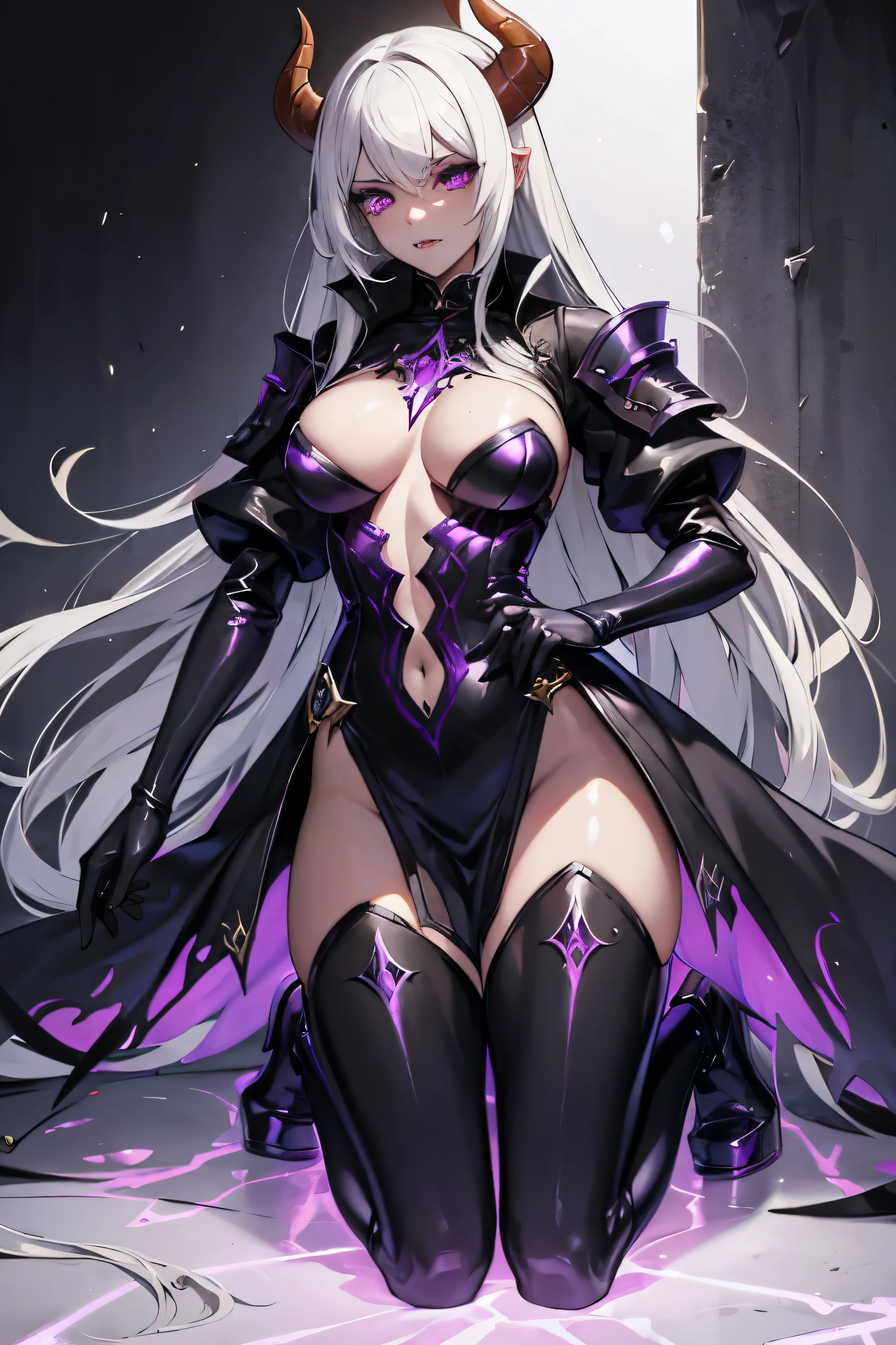 world of warcraft demon hunter girl art latex with more long black horns and white hair with warglaves in hands fire eyes with purple glow full body high heels with cute face