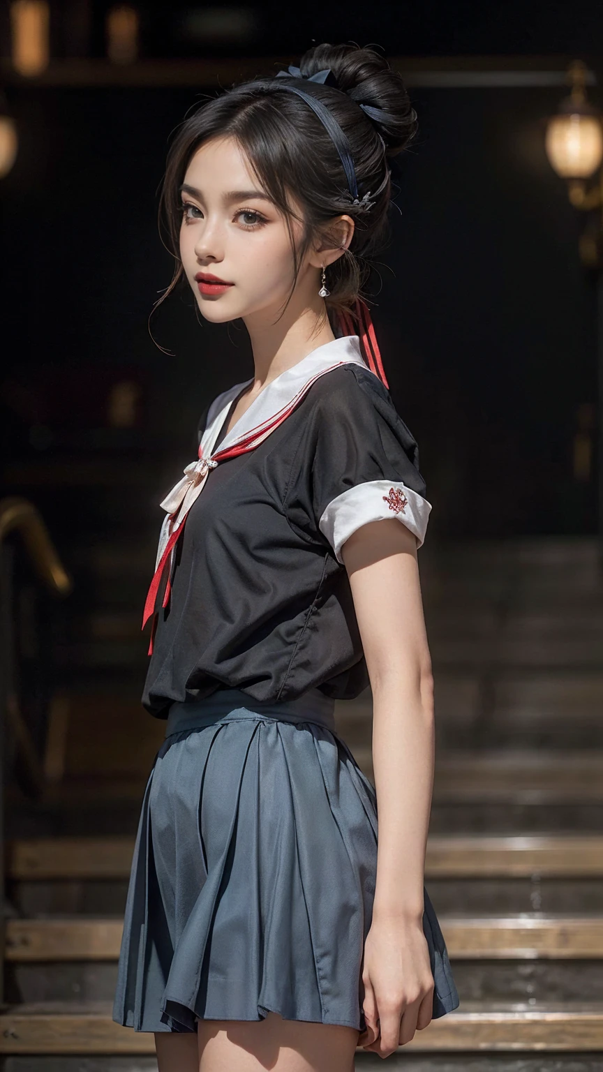 ((最high quality, 8K, masterpiece: 1.3, Ultra HD, high quality, 最high quality, High resolution, realism)) 、An extremely beautiful 18-year-old Japanese woman、hair color is black、black eye、medium hair、straight hair、smile、Slender but well-proportioned, slim and muscular body、Athlete-like body type、I don&#39;t want my head to disappear from the screen.、Sailor uniform、Wear a navy blue pleated skirt、wear loafers、Brown inner color((colored inner hair))、Hair behind ears((hair behind ear))、hair band((hair ribbon))、Vertical roll on one side((side drill))、Being in the karaoke box、マイクを握ってsmileで熱唱、put a scrunchie on your wrist