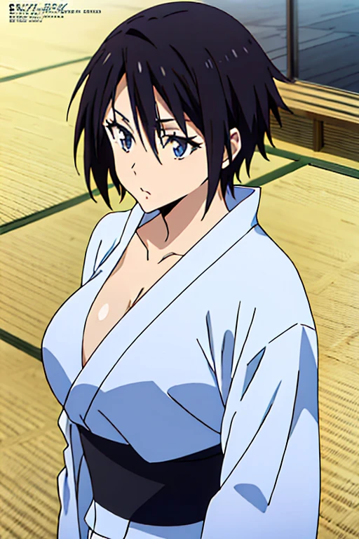 (anime cels style, best quality, high resolution, anime colored, megami magazine:1.2, sharp, 8k), (beautiful eyes:1.5), sakaguchihinata\(ttigraas\), 1girl, cute, black hair, short hair, large breast, cleavage, (haoli, yukata:1.5), cowboy shot, yokozuwari, (perfect detailed anatomy, perfect arms, perfect fingers, beautiful face, perfect body, shiny skin), 