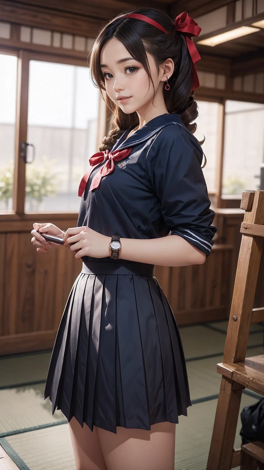 ((最high quality, 8K, masterpiece: 1.3, Ultra HD, high quality, 最high quality, High resolution, realism)) 、An extremely beautiful 18-year-old Japanese woman、hair color is black、black eye、medium hair、straight hair、smile、Slender but well-proportioned, slim and muscular body、Athlete-like body type、I don&#39;t want my head to disappear from the screen.、Sailor uniform、Wear a navy blue pleated skirt、wear loafers、Brown inner color((colored inner hair))、Hair behind ears((hair behind ear))、hair band((hair ribbon))、Vertical roll on one side((side drill))、Being in the karaoke box、マイクを握ってsmileで熱唱、put a scrunchie on your wrist