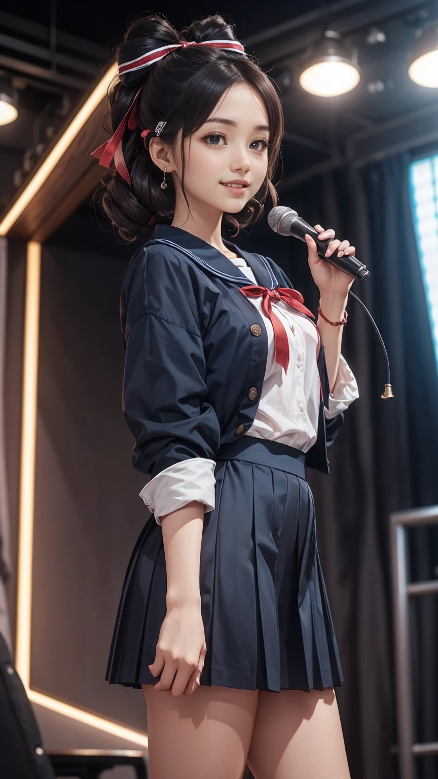 ((最high quality, 8K, masterpiece: 1.3, Ultra HD, high quality, 最high quality, High resolution, realism)) 、An extremely beautiful 18-year-old Japanese woman、hair color is black、black eye、medium hair、straight hair、smile、Slender but well-proportioned, slim and muscular body、Athlete-like body type、I don't want my head to disappear from the screen.、Sailor uniform、Wear a navy blue pleated skirt、wear loafers、Brown inner color((colored inner hair))、Hair behind ears((hair behind ear))、hair band((hair ribbon))、Vertical roll on one side((side drill))、Being in the karaoke box、マイクを握ってsmileで熱唱、put a scrunchie on your wrist