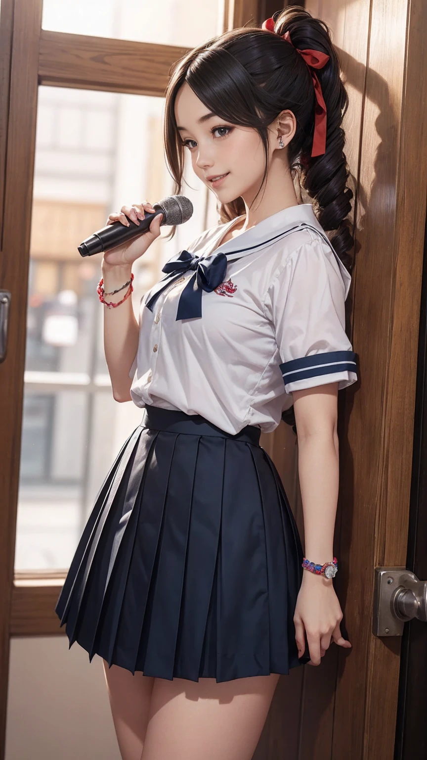 arafed girl adult in a skirt and knee high socks singing on stage, wearing skirt and high socks, thighhighs and skirt, dressed as schoolgirl, school girl, knee high socks, wearing skirt, cute schoolgirl, hyperrealistic schoolgirl, a hyperrealistic schoolgirl, wearing a skirt, madison beer, soft devil queen madison beer, realistic schoolgirl, plaid skirt