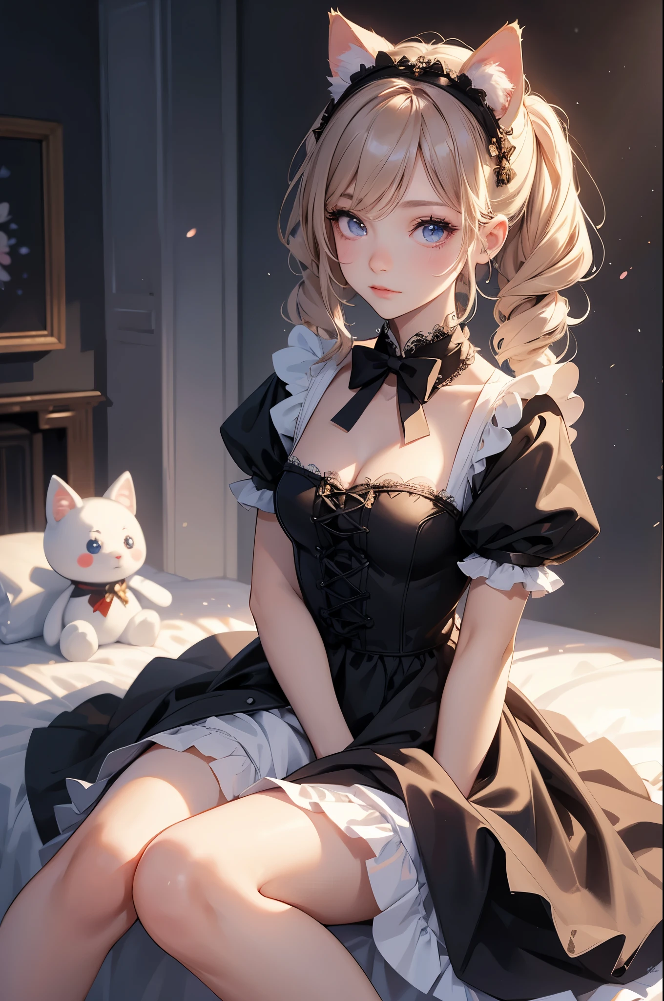 There is a young woman sitting on her bed with a stuffed toy., cosplay of a catboy! maid! dress, anime girl cosplay, cosplay photo, cosplay, magical lolita girl portrait, in dress, anime girl in a maid costume, maid outfit, Belle Delphine, cute cute girl, cute like an angel, japanese maid cafe, anime cosplay, lolita fashion